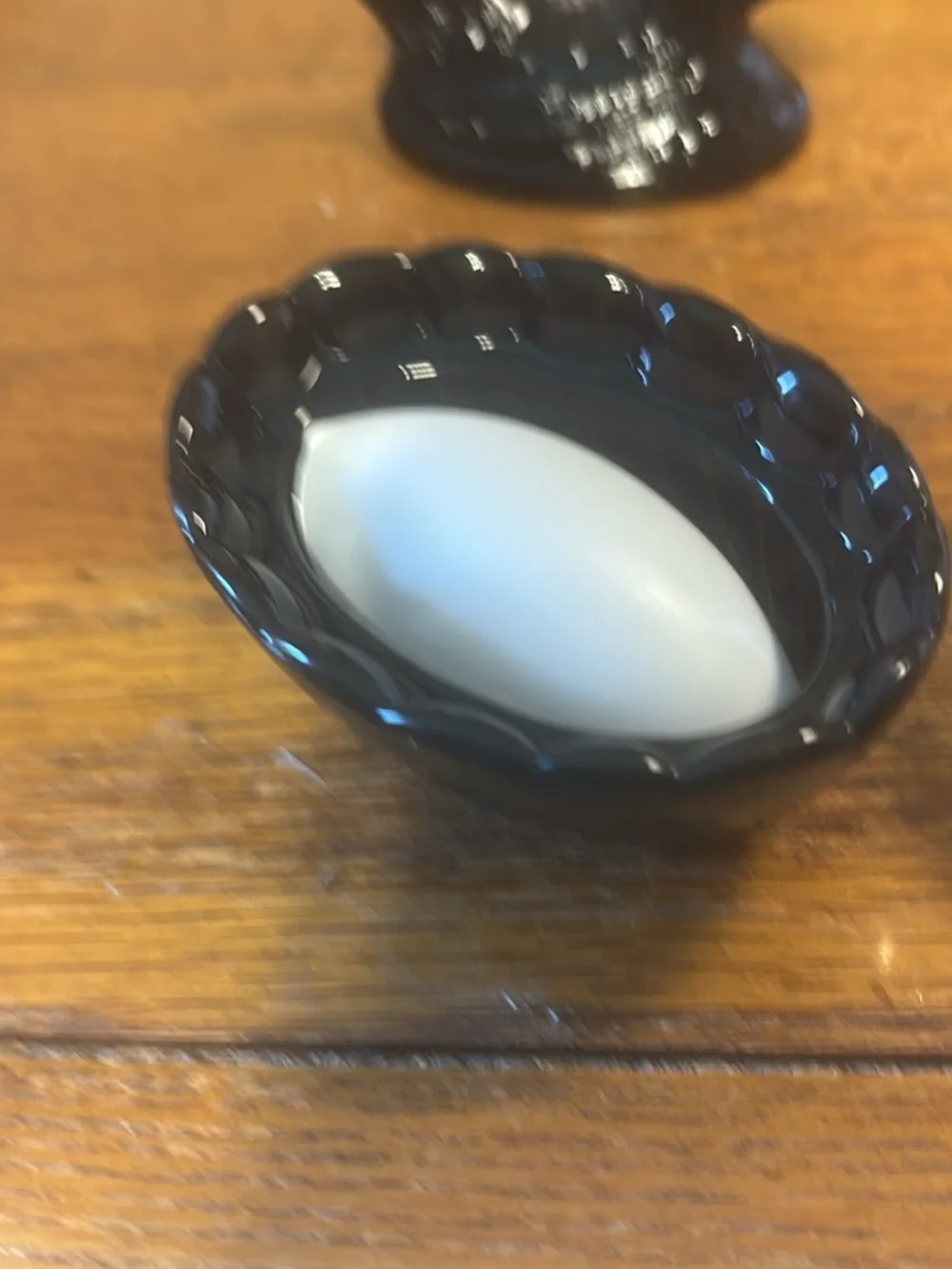 Clear Glass Lidded Dish & Black Glass Salt Cellar Set